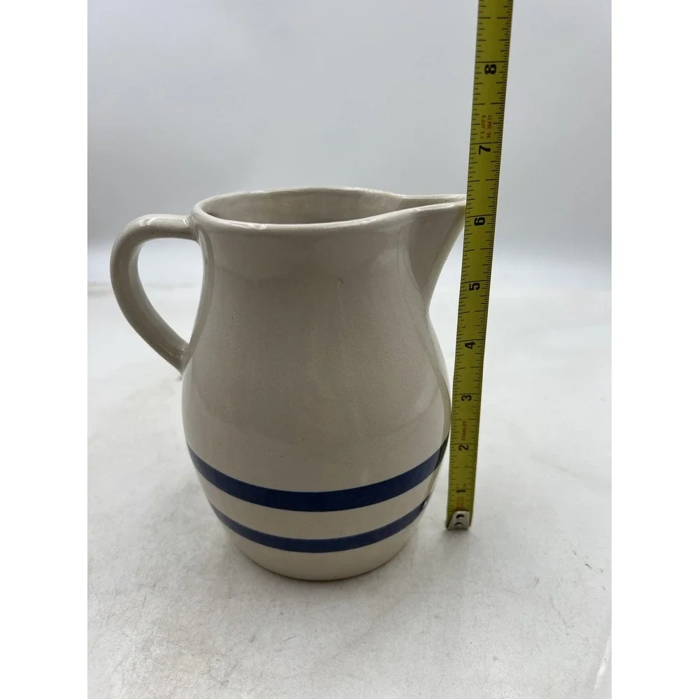 VTG Robinson Ransbottom Pitcher Blue Stripe Stoneware 1 Qt Roseville Ohio USA